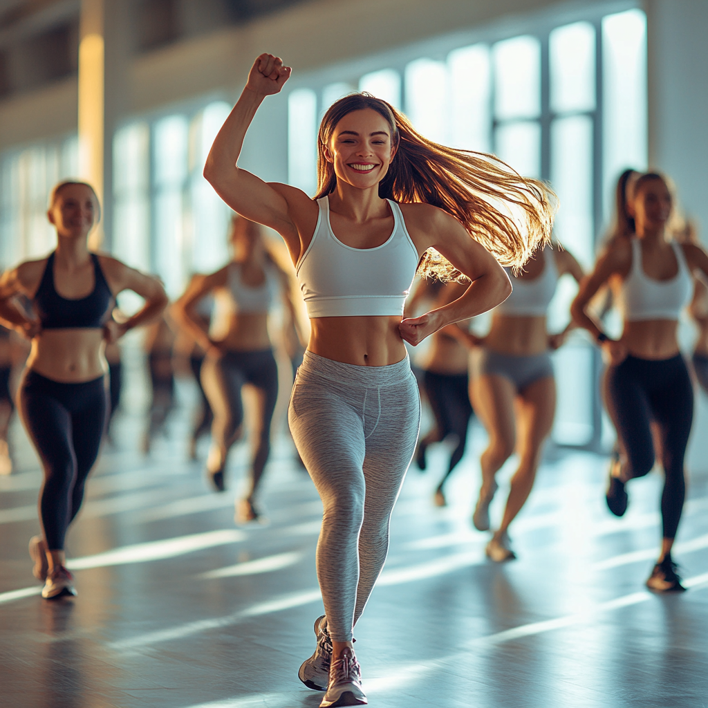 Енергійне кардіо-заняття з групою учасників у ритмі музики в сучасному фітнес-залі